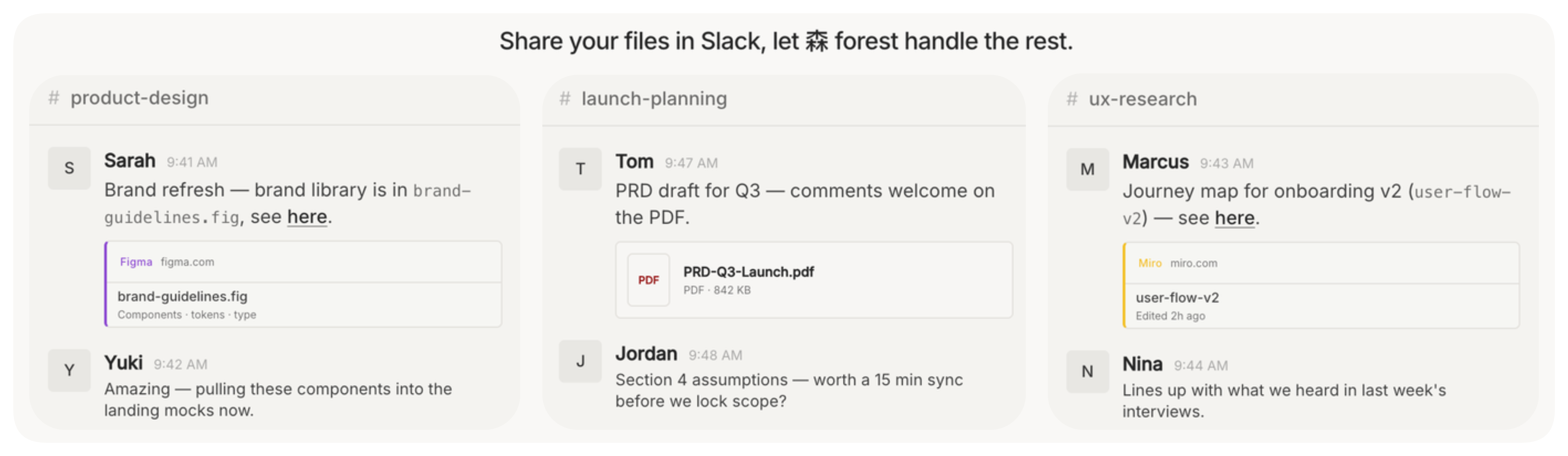 Teams share files in Slack — 森 forest listens and organizes them into a knowledge layer.